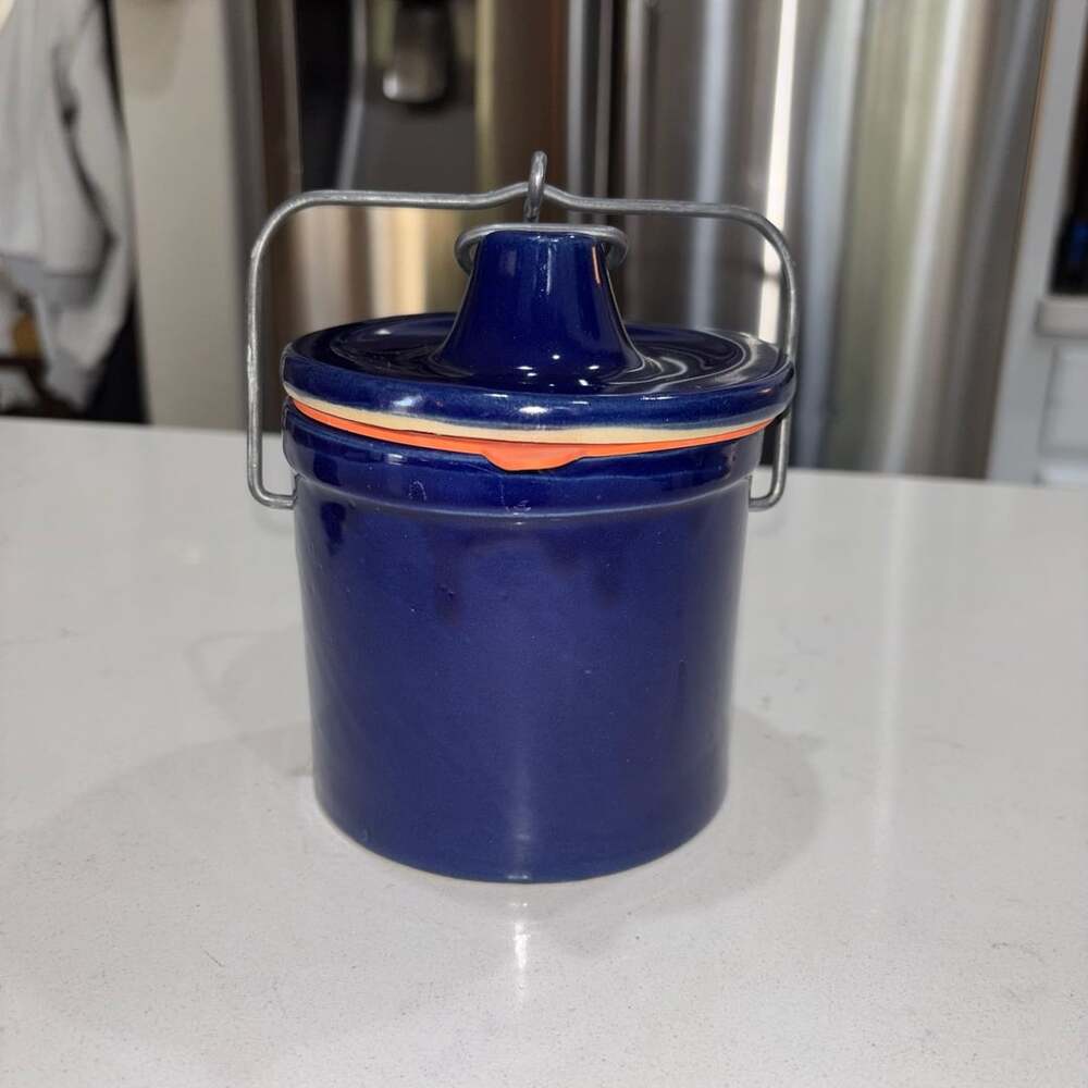 Vintage Blue Stoneware Crock Jam Jar With Lid Bail Wire and Seal